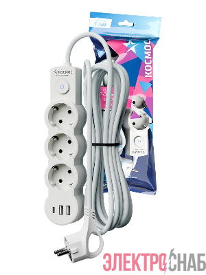Удлинитель 3х5м с заземл. 10А IP20 USB 2800Вт 220В ПВС 3х1 с выкл. бел. КОСМОС YKsm5m3g-Z-VU10А-W