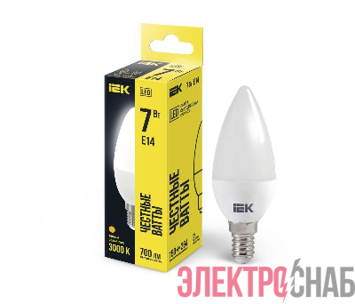 Лампа светодиодная C35 7Вт свеча 3000К E14 230В IEK LLE-C35-7-230-30-E14