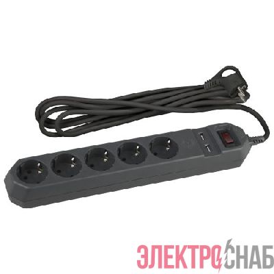 Удлинитель с сетевым фильтром 5х1.5м с заземл. 10А IP20 2хUSB ПВС 3х0.75 с выкл. черн. Эра Б0019036