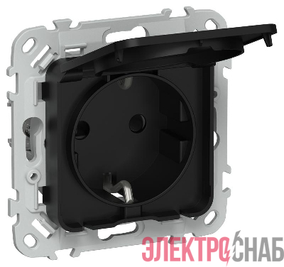 Розетка СП FLITE РСшкр11-1-44-ФлЧ 16А IP44 с заземл. с защ. шторками и крышкой безвинтовое крепление механизм черн. IEK FI-R16-16-1-44-K02