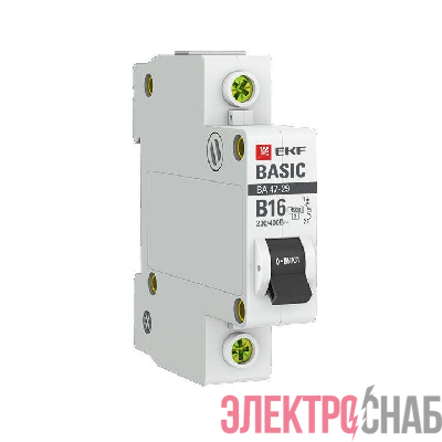 Выключатель автоматический модульный 1п B 16А 4.5кА ВА 47-29 Basic EKF mcb4729-1-16-B