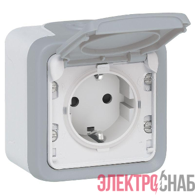 Розетка 1-м ОП Plexo 16А IP55 2P+E с крышкой немецк. стандарт винт. клеммы сер. Leg 069733