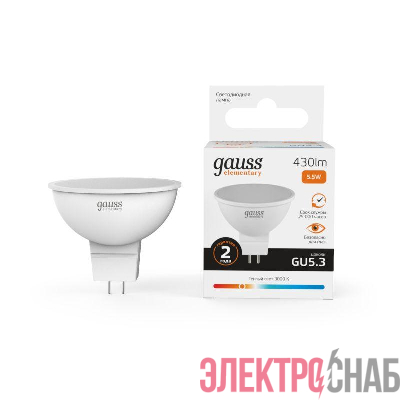 Лампа светодиодная Elementary 5.5Вт MR16 софит 3000К тепл. бел. GU5.3 430лм GAUSS 13516