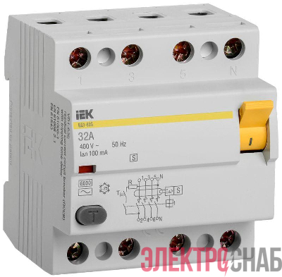 Выключатель дифференциального тока (УЗО) 4п 32А 100мА тип AC ВД1-63S IEK MDV12-4-032-100