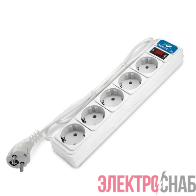 Удлинитель с сетевым фильтром 5х3м с заземл 10А IP20 2.2кВт ПВС 3х1 с выкл. бел. DOMTOK 2528