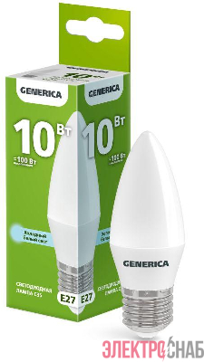 Лампа светодиодная C35 10Вт свеча 6500К E27 230В GENERICA LL-C35-10-230-65-E27-G