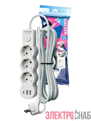 Удлинитель 3х3м с заземл. 10А IP20 USB 2800Вт 220В ПВС 3х1 с выкл. бел. КОСМОС YKsm3m3g-Z-VU10А-W