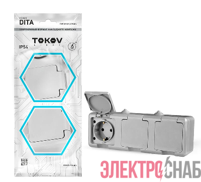 Розетка 3-м ОП Dita 16А IP54 250В с заземл. с сер. крышкой сер. TOKOV ELECTRIC TKL-DT-R3Z-C06-IP54