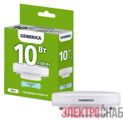 Лампа светодиодная 10Вт T80 таблетка 6500К холод. бел. GX53 1000лм 230В GENERICA LL-T80-10-230-65-GX53-G