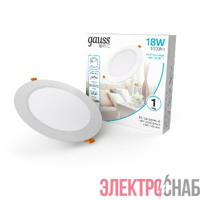 Светильник светодиодный Basic Downlight 18Вт 4000К IP20 1600лм 170-260В 170х26 круг бел. GAUSS 9030420218