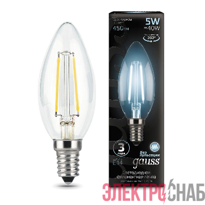 Лампа светодиодная филаментная Black Filament 5Вт свеча 4100К нейтр. бел. E14 450лм GAUSS 103801205