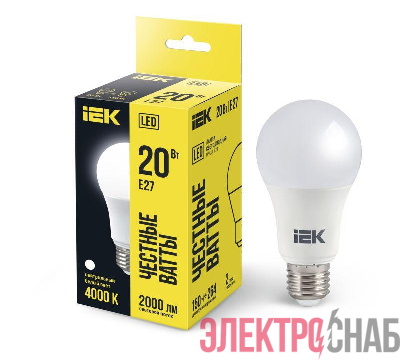 Лампа светодиодная 20Вт A60 грушевидная 4000К нейтр. бел. E27 230В IEK LLE-A60-20-230-40-E27
