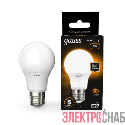 Лампа светодиодная Black 7Вт A60 грушевидная 3000К тепл. бел. E27 680лм GAUSS 102502107