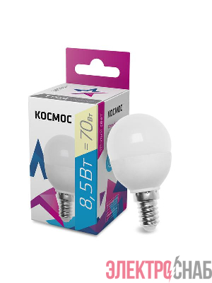 Лампа светодиодная 8.5Вт шар 3000К тепл. бел. E14 220В КОСМОС LkecLED8.5wGL45E1430