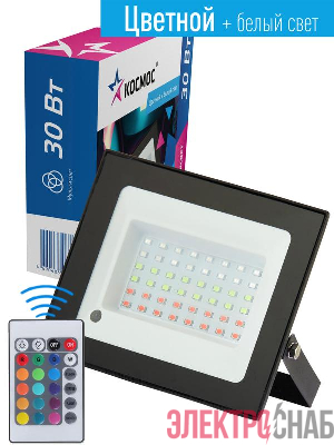 Прожектор светодиодный RGB 30Вт IP65 6500К 2400лм с пультом 20 режимов работы КОСМОС K_PR5_LED_30RGB