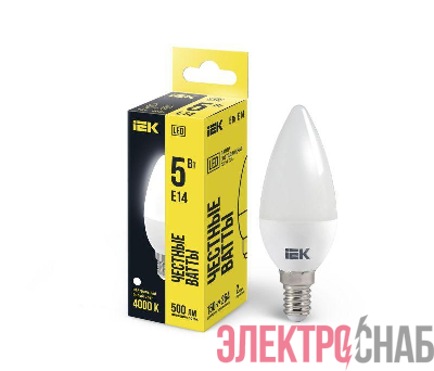 Лампа светодиодная 5Вт C35 свеча 4000К нейтр. бел. E14 450лм 230-240В IEK LLE-C35-5-230-40-E14