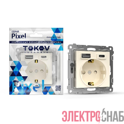 Розетка 1-м СП Pixel IP20 с заземл. с 2-мя заряд. устр. USB тип A+C механизм беж. TOKOV ELECTRIC TKE-PX-R1U2AC-C02