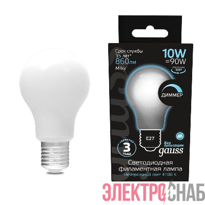 Лампа светодиодная филаментная Black Filament 10Вт A60 грушевидная матовая 4100К нейтр. бел. E27 860лм диммир. GAUSS 102202210-D