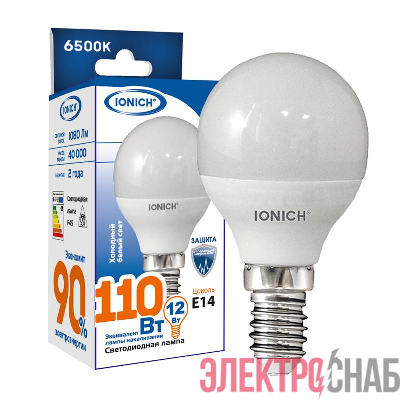 Лампа светодиодная P45 12Вт шар 6500К E14 1080лм 230В IONICH 1812
