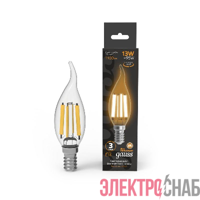 Лампа светодиодная филаментная Black Filament 13Вт свеча на ветру 2700К тепл. бел. E14 1100лм GAUSS 104801113