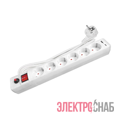 Удлинитель с сетевым фильтром 6х1.8м с заземл. 10А IP20 2.2кВт USB type-A + type-C ПВС 3х0.75 с выкл. бел. UNIVersal 2543