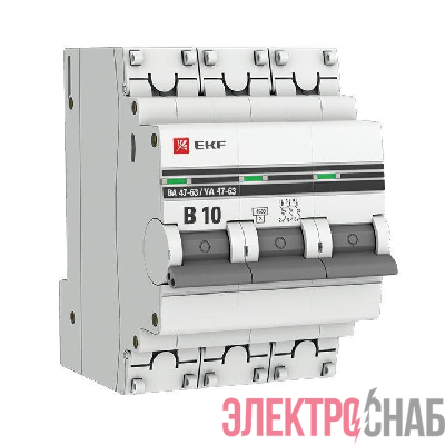 Выключатель автоматический модульный 3п B 10А 4.5кА ВА 47-63 PROxima EKF mcb4763-3-10B-pro
