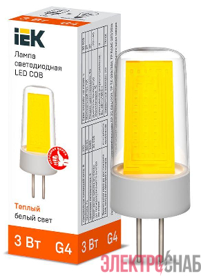 Лампа светодиодная COB 3Вт капсула 3000К G4 230В керамика IEK LLE-COB-3-230-30-G4