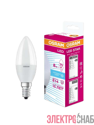 Лампа светодиодная LED STAR CLASSIC B 75 8W/840 8Вт свеча 4000К нейтр. бел. E14 806лм 220-240В матов. пласт. OSRAM 4058075210714