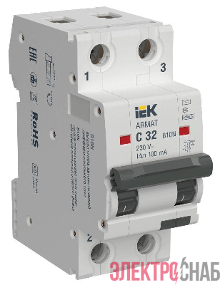 Выключатель автоматический дифференциального тока 2п C 32А 100мА тип AC АВДТ B10N ARMAT IEK AR-B10N-2-C032C100