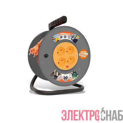 Удлинитель на катушке 4х30м без заземл. 6А IP44 ВЕМ-250 ПВС 2х0.75 термозащита UNIVersal 9634148
