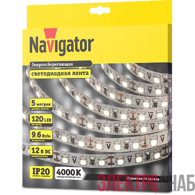 Лента светодиодная 71 408 NLS-3528W120-9.6 IP20 12B R5 9.6Вт/м (уп.5м) Navigator 71408