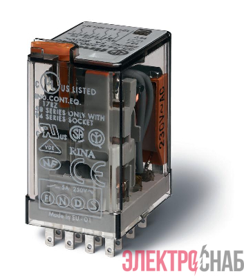 Реле миниатюрное универсальное электромеханич. монтаж в розетку 4CO 7А AgNi + Au 230В AC RTI опции: кнопка тест + мех. индикатор FINDER 553482305040