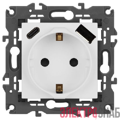 Розетка Elegance 14-4108-01М 16A 250В 2P+E защ. шторки с USB type-A+C 3А 5В матов. бел. Эра Б0067710