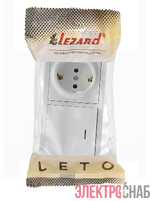 Блок ОП LETO (1-кл. выключатель с индикацией + 1-м розетка с заземл.) горизонт. бел. LEZARD 752-0200-170BIP