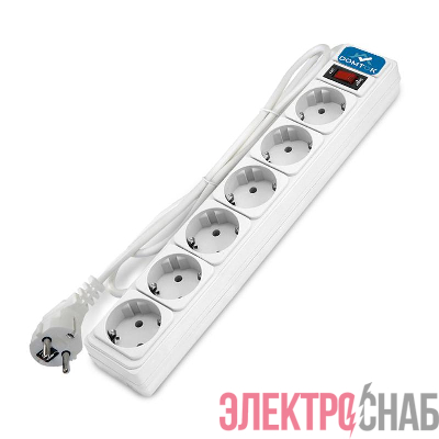Удлинитель с сетевым фильтром 6х3м с заземл 10А IP20 2.2кВт ПВС 3х1 с выкл. бел. DOMTOK 2516
