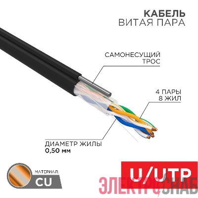 Кабель витая пара U/UTP кат.5E 4х2х24AWG solid CU PE Outdoor трос черн. (м) Rexant 01-0046