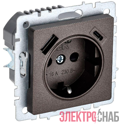 Розетка BRITE РЮш11-1-БрТБ 16А с USB A+C 18Вт с заземл. защ. шторки темн. механизм бронза IEK BR-R14-16-U22-018-K45