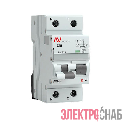 Выключатель автоматический дифференциального тока 2п (1P+N) C 20А 100мА тип AC 6кА DVA-6 Averes EKF rcbo6-1pn-20C-100-ac-av