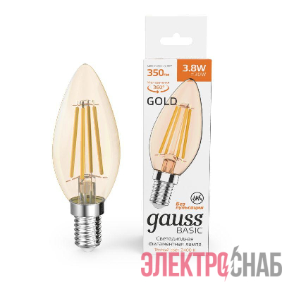 Лампа светодиодная филаментная Basic Filament 3.8Вт Свеча 2400К Е14 350лм golden GAUSS 1037154