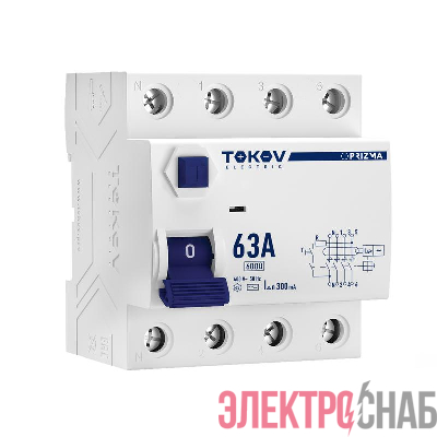 Выключатель дифференциального тока (УЗО) 4п (3P+N) 63А 300мА тип AC 6кА PRIZMA TOKOV ELECTRIC TKE-PZ60-RCDM-4-63-300-AC