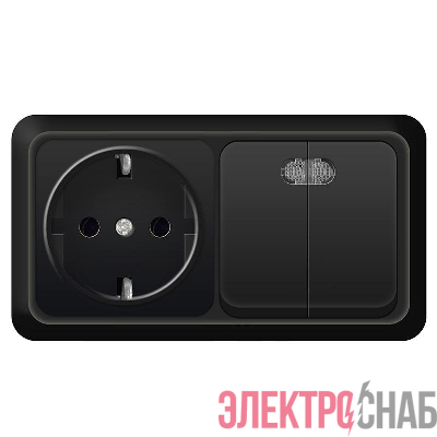 Блок ОП Олимп 2-кл. выкл. с подсветкой 10А + роз. с заземл. 16А 220В горизонт. черн. Universal 7946812