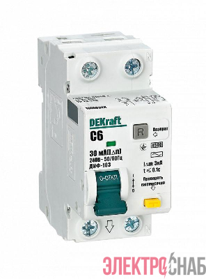 Выключатель автоматический дифференциального тока 2п (1P+N) C 6А 30мА тип AC 4.5кА ДИФ-103 DEKraft 16050DEK