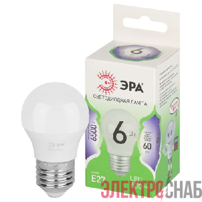 Лампа светодиодная GREEN LINE P45-6W-865-E27 GL 6Вт шар 6500К свет холод. E27 Эра Б0067059