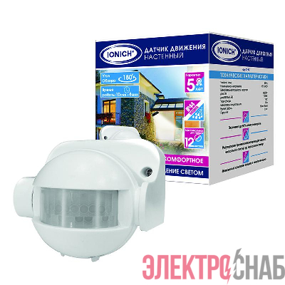 Датчик движения настенный 12м 1200Вт 8мин бел. IONICH 2199