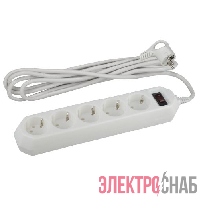 Удлинитель с сетевым фильтром 5х1.5м с заземл. 10А IP20 ПВС 3х0.75 с выкл. бел. Эра Б0019031