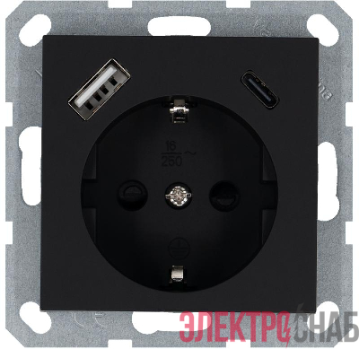 Розетка Shuko 16А с заземл. защ. шторки с 2-мя заряд. устройствами USB тип A+C 25Вт механизм черн. матов. soft touch Jasmart G5501USB-25PB