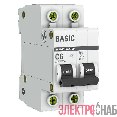 Выключатель автоматический модульный 2п C 6А 4.5кА ВА 47-29 Basic EKF mcb4729-2-06C