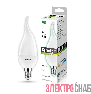 Лампа светодиодная LED5-CW35/830/E14 5Вт свеча на ветру 3000К тепл. бел. E14 390лм 220-240В Camelion 12033