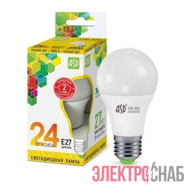 Лампа светодиодная LED-A60-standard 24Вт грушевидная 230В E27 3000К 2160лм ASD 4690612014265