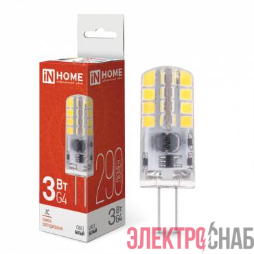 Лампа светодиодная LED-JC 3Вт капсульная прозрачная 4000К нейтр. бел. G4 290лм 12В IN HOME 4690612036021